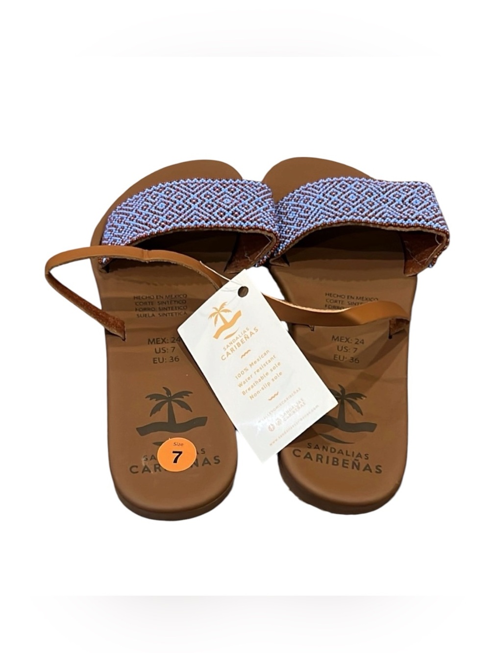 NWT Sandalias Caribenas Beaded Blue and Brown Sandals US 7 Beach Made in Mexico